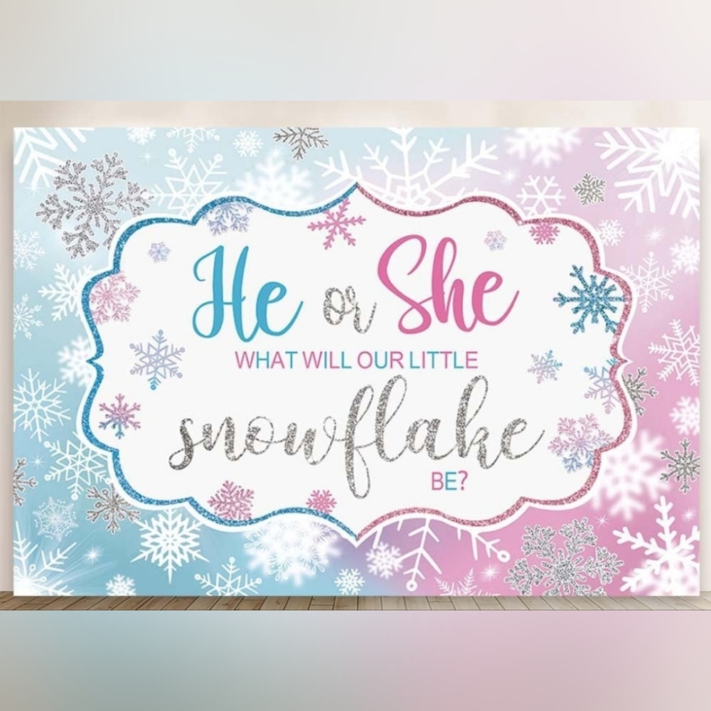 Winter Snowflakes Gender Reveal "He or She" Backdrop 5'×7'